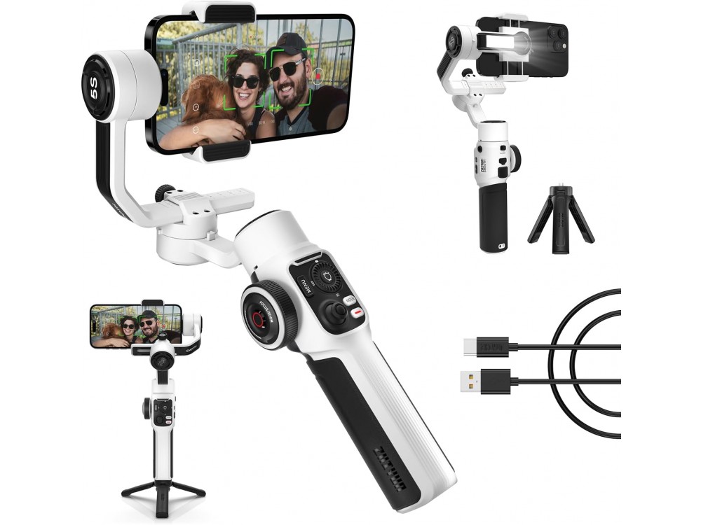 Zhiyun Smooth 5S Gimbal Stabilizer, 3-Axis Stabilizer with Built-in 650Lux Light & Battery Life up to 24 Hours, White