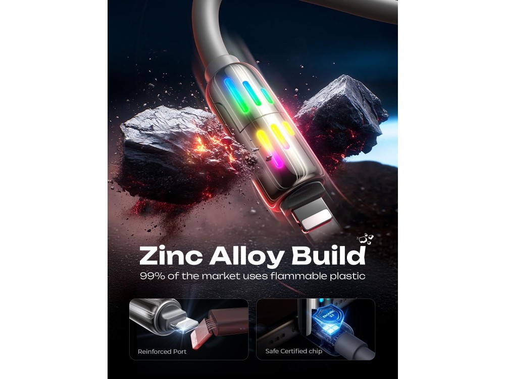 Lisen 4-in-1 Lightning / Type-C / USB-A Καλώδιο 2μ. 240W με RGB, Grey