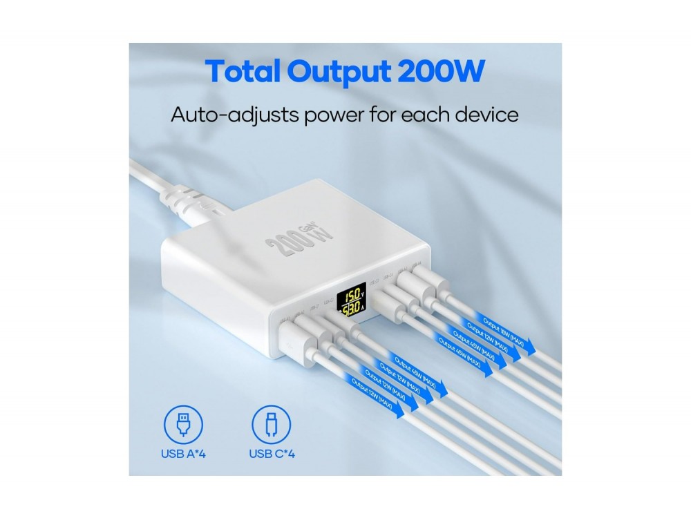 AJ Sparkit 8GaN, 200W Charging Hub 8 Θυρών GaN με 4 Θύρες USB-C PD & 4 Θύρες USB-A QC3.0, Οθόνη LED & PPS, White