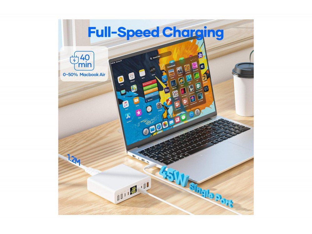 AJ Sparkit 8GaN, 200W Charging Hub 8 Θυρών GaN με 4 Θύρες USB-C PD & 4 Θύρες USB-A QC3.0, Οθόνη LED & PPS, White