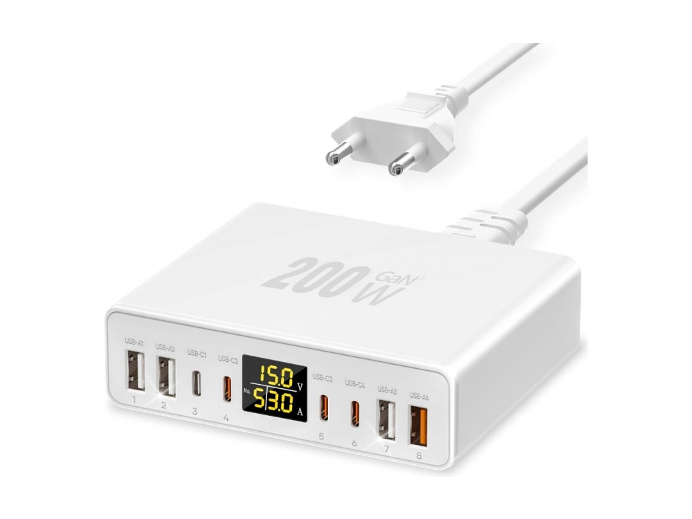 AJ Sparkit 8GaN, 200W Charging Hub 8 Θυρών GaN με 4 Θύρες USB-C PD & 4 Θύρες USB-A QC3.0, Οθόνη LED & PPS, White