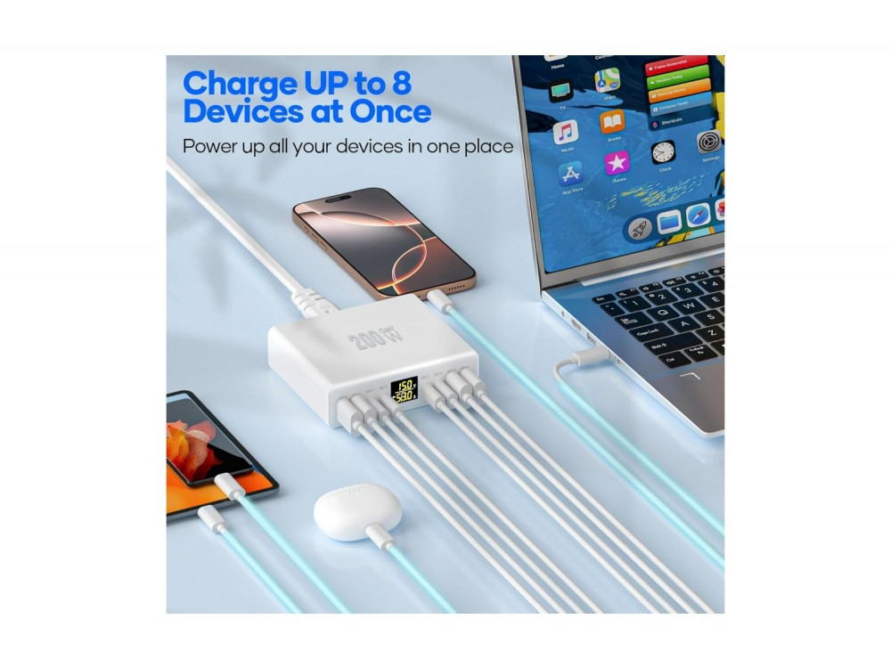 AJ Sparkit 8GaN, 200W Charging Hub 8 Θυρών GaN με 4 Θύρες USB-C PD & 4 Θύρες USB-A QC3.0, Οθόνη LED & PPS, White