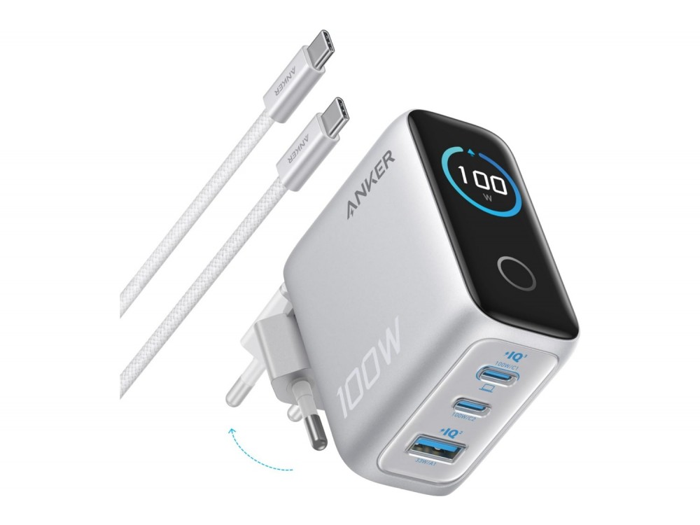 Anker 100W GaN Φορτιστής Πρίζας 3 Θυρών με Smart Display & Καλώδιο USB-C 100W, Silver