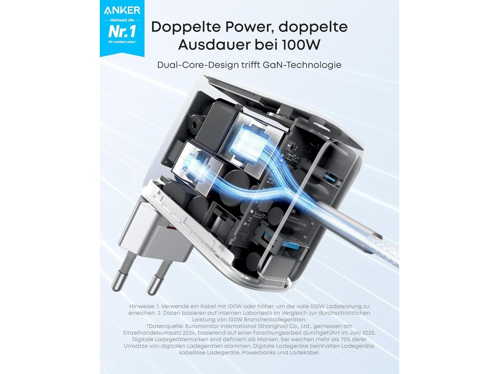 Anker 100W GaN Φορτιστής Πρίζας 3 Θυρών με Smart Display & Καλώδιο USB-C 100W, Silver