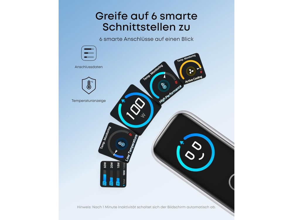 Anker 100W GaN Φορτιστής Πρίζας 3 Θυρών με Smart Display & Καλώδιο USB-C 100W, Silver