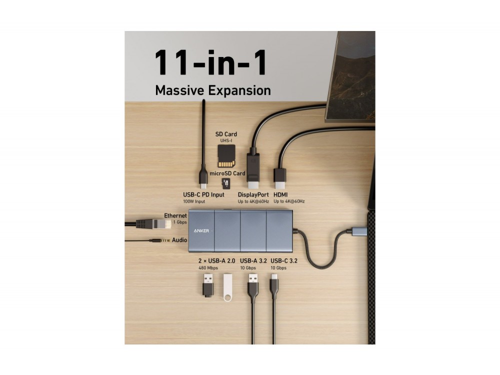 Anker 565 11-in-1 USB-C Data Hub Docking Station Διπλής Οθόνης HDMI + DisplayPort + 10Gbps USB-C & USB-A + 2*USB-A 2.0 + Etherne