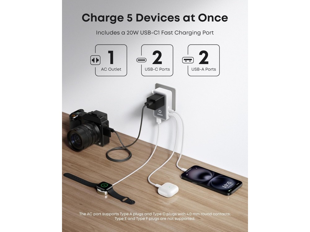 Anker Nano Travel Adapter 5-in-1 20W, White