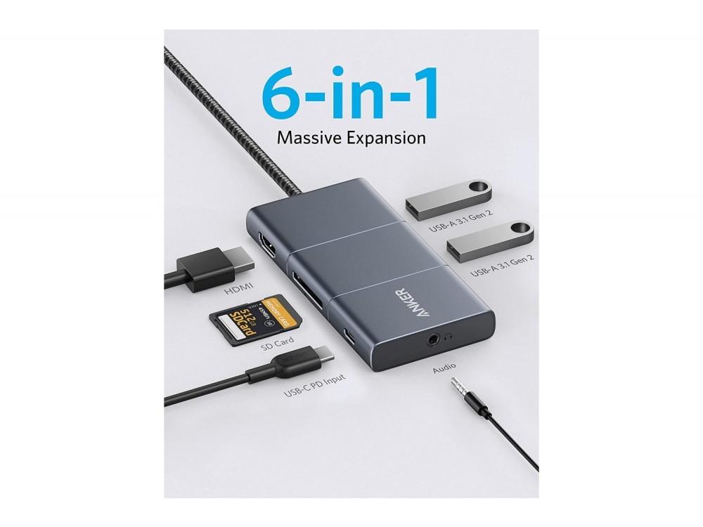 Anker PowerExpand 6-in-1 Type-C Hub 4K@60Hz HDMI + 2* 10Gbps USB-A 3.1 Gen2 + Micro SD/SD + Audio + 100W - ΑΝΟΙΓΜΕΝΗ ΣΥΣΚΕΥΑΣΙΑ