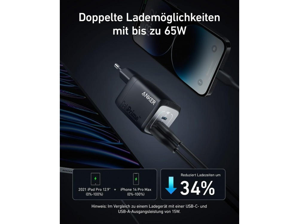 Anker Prime 67W GaN Φορτιστής Πρίζας 3 Θυρών (2x USB-C & USB-A) Power Delivery / PPS, Black