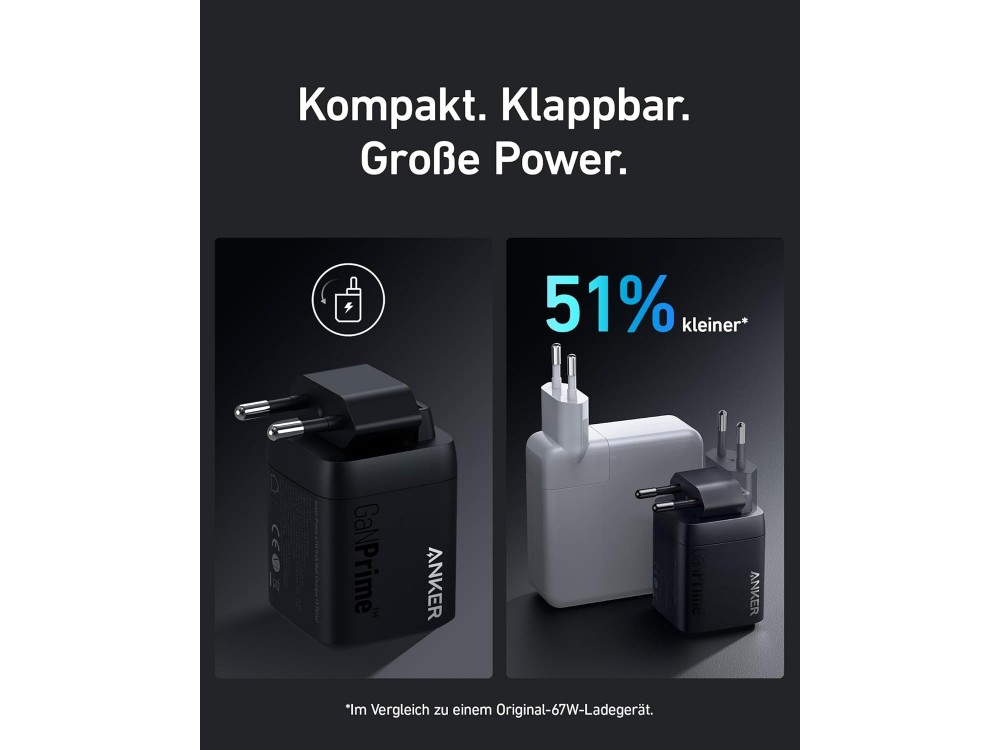 Anker Prime 67W GaN Φορτιστής Πρίζας 3 Θυρών (2x USB-C & USB-A) Power Delivery / PPS, Black