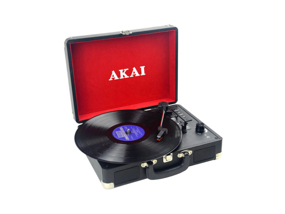 Akai ATT-E10 Pick-up, Βαλιτσάκι Πικάπ με Ενσωματωμένα Ηχεία, Aux-in, RCA Out & Θύρα Micro SD + USB για Εγγραφή, Μαύρο