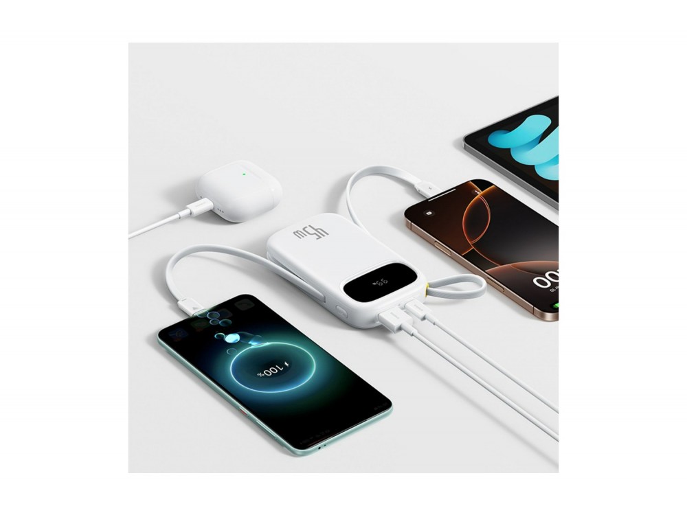 Baseus EnerFill FC31 Power Bank 20.000mAh 45W με 2 Ενσωματωμένα Αναδιπλούμενα Καλώδια USB-C και Οθόνη, White