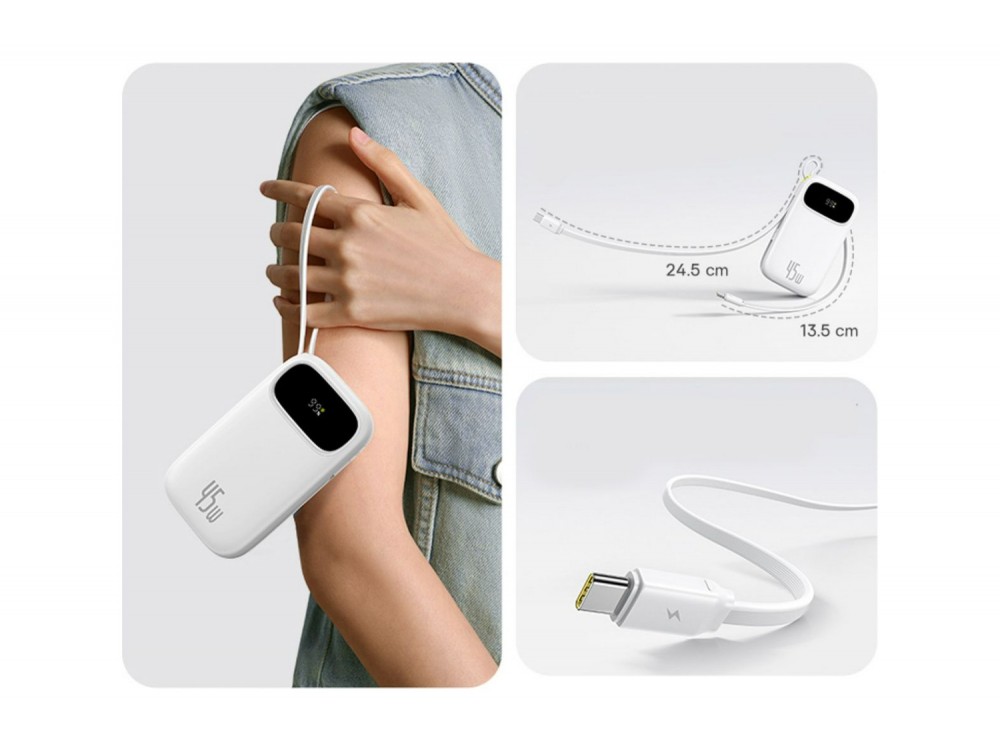 Baseus EnerFill FC31 Power Bank 20.000mAh 45W με 2 Ενσωματωμένα Αναδιπλούμενα Καλώδια USB-C και Οθόνη, White