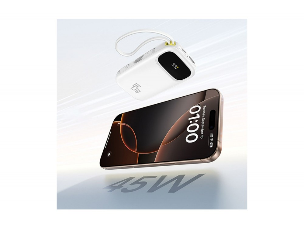 Baseus EnerFill FC31 Power Bank 20.000mAh 45W με 2 Ενσωματωμένα Αναδιπλούμενα Καλώδια USB-C και Οθόνη, White