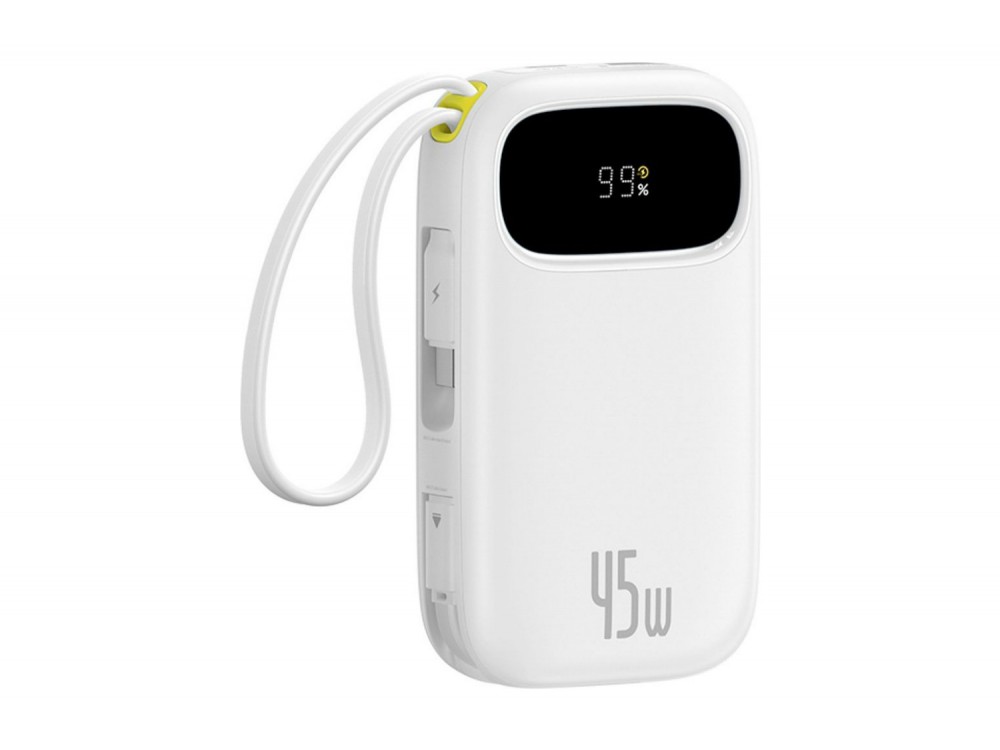 Baseus EnerFill FC31 Power Bank 20.000mAh 45W με 2 Ενσωματωμένα Αναδιπλούμενα Καλώδια USB-C και Οθόνη, White
