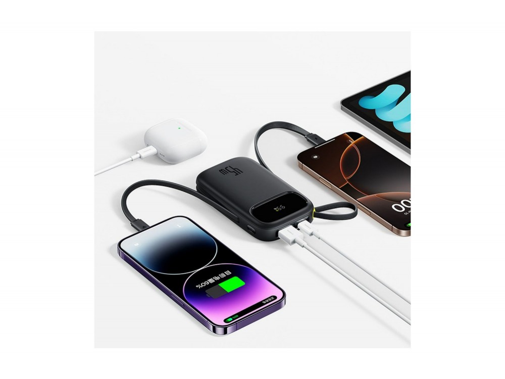 Baseus EnerFill FC31 Qpow 3 Power Bank 20.000mAh 45W με Ενσωματωμένα Καλώδια USB-C & Lightning και Οθόνη, Black