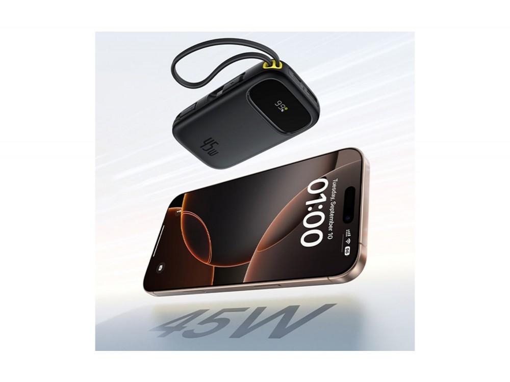 Baseus EnerFill FC31 Qpow 3 Power Bank 20.000mAh 45W με Ενσωματωμένα Καλώδια USB-C & Lightning και Οθόνη, Black