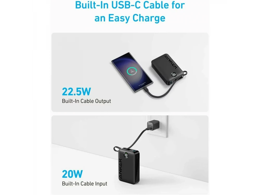 Anker 335 PowerCore 20K 22.5W USB-C Power Bank 20.000mAh built-in USB-C Cable, Black