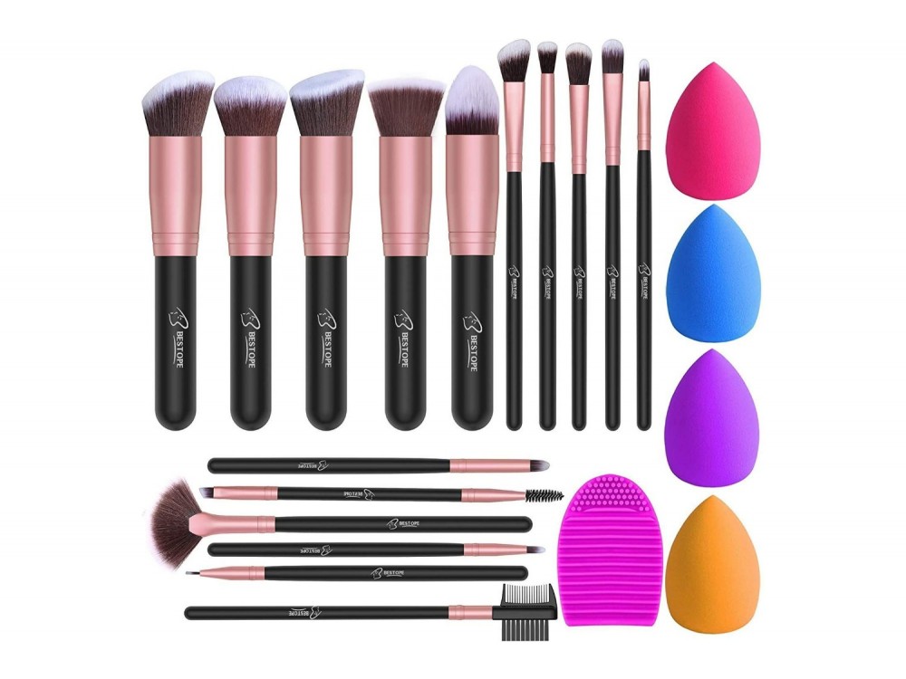 BESTOPE Makeup Brushes, Σετ 16 πινέλων μακιγιάζ, Cruelty-free, Vegan + 4 Beauty Sponges + 1 Silicone - ΑΝΟΙΓΜΕΝΗ ΣΥΣΚΕΥΑΣΙΑ