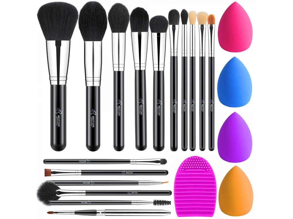 BESTOPE Makeup Brushes, Σετ 16 πινέλων μακιγιάζ, Cruelty-free, Vegan + 4 Beauty Sponges + 1 Silicone Brush Cleaner, Silver