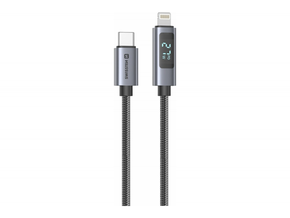 Swissten Καλώδιο USB-C σε Lightning 1,5μ. 30W, με Νάυλον Ύφανση & LCD Display, Black