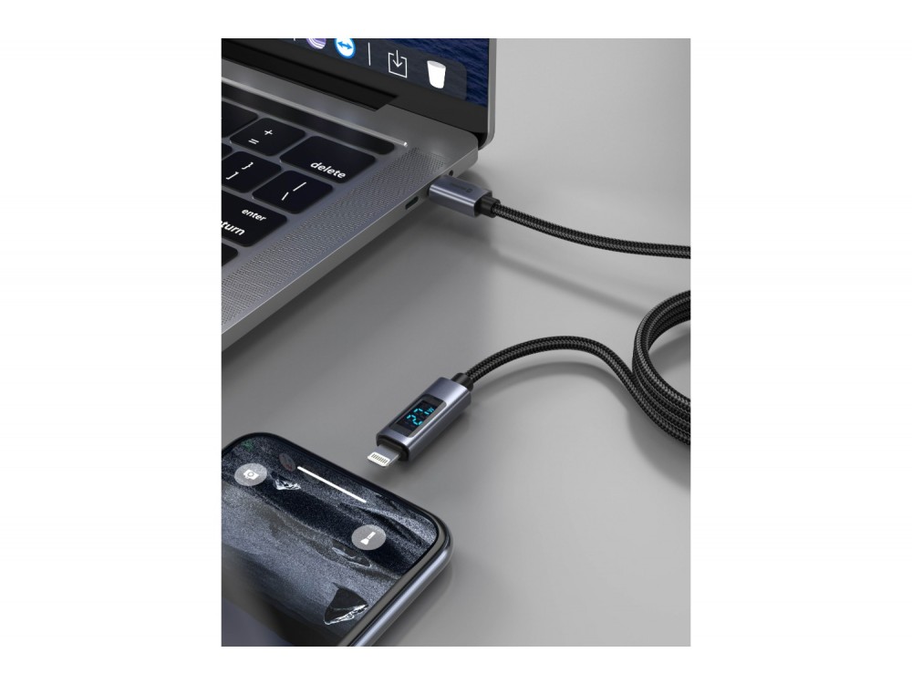 Swissten Καλώδιο USB-C σε Lightning 1,5μ. 30W, με Νάυλον Ύφανση & LCD Display, Black