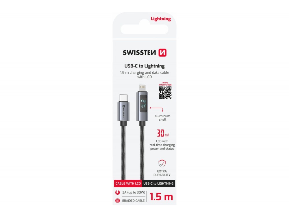 Swissten Καλώδιο USB-C σε Lightning 1,5μ. 30W, με Νάυλον Ύφανση & LCD Display, Black