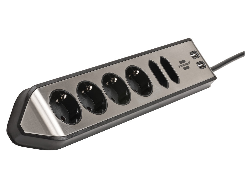 Brennenstuhl Estilo 6-outlet Corner Extension socket, Πολύπριζο Corner με 2*USB Charging Ports, 2M Καλώδιο, Inox Silver / Black