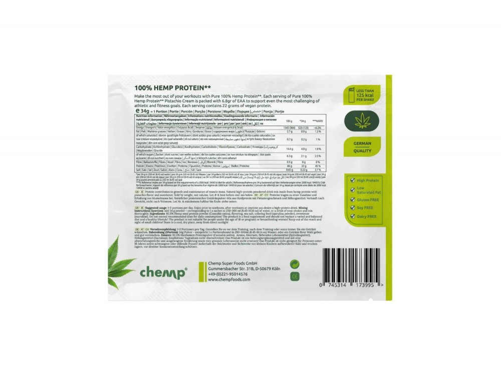 Chemp 100% Hemp Protein Πρωτεΐνη Κάνναβης Pistachio Cream - Συσκευασία 34gr