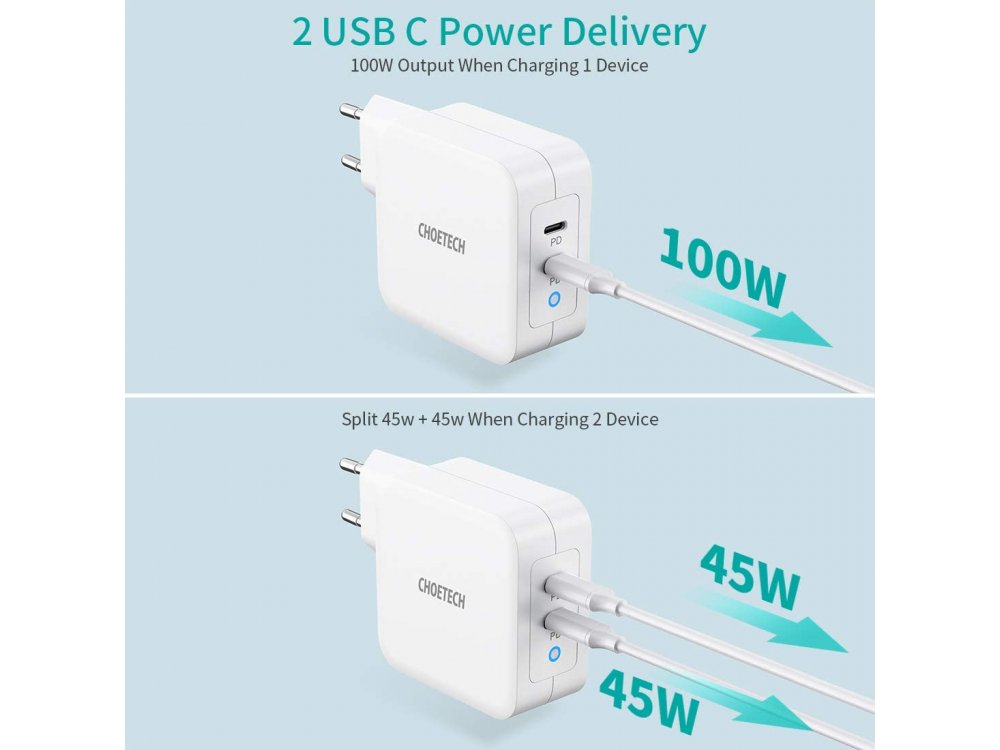 CHOETECH PD6008 Wall Charger 100W with Power Delivery and GaN, White