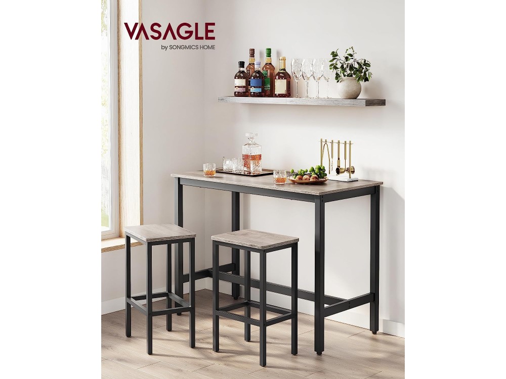 VASAGLE Bar Table Set, Σετ Μπαρ με Ορθογώνιο Τραπέζι & 2 Σκαμπό σε Ρουστίκ Στυλ 120 x 60 x 90cm, Greige and Black