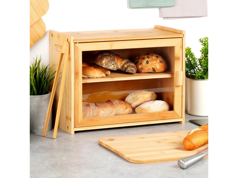 Vilde Bread Bin, 2-Tier Bamboo Bread Bin, with Transparent Lid and Tongs