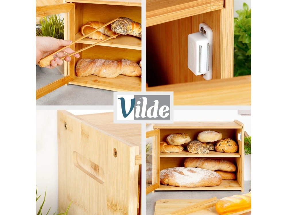 Vilde Bread Bin, 2-Tier Bamboo Bread Bin, with Transparent Lid and Tongs