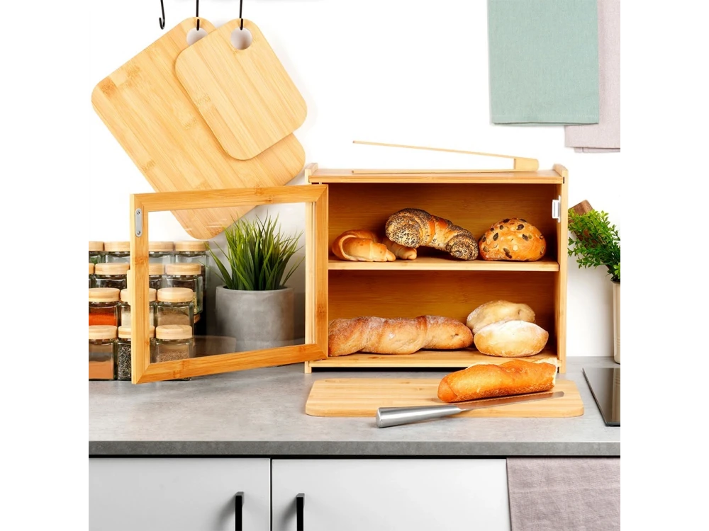 Vilde Bread Bin, 2-Tier Bamboo Bread Bin, with Transparent Lid and Tongs
