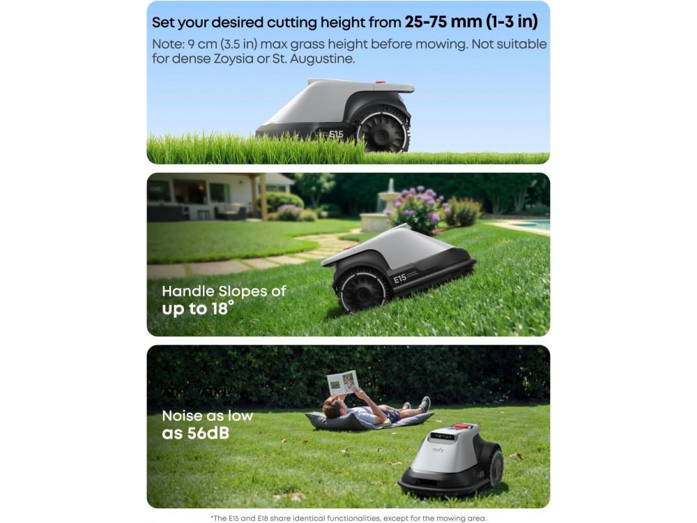 Anker Eufy E15  Robot Lawn Mower, for up to 0.2 Acres, with Wireless Function, Mapping and APP, Cut Height 2.5-7.5cm