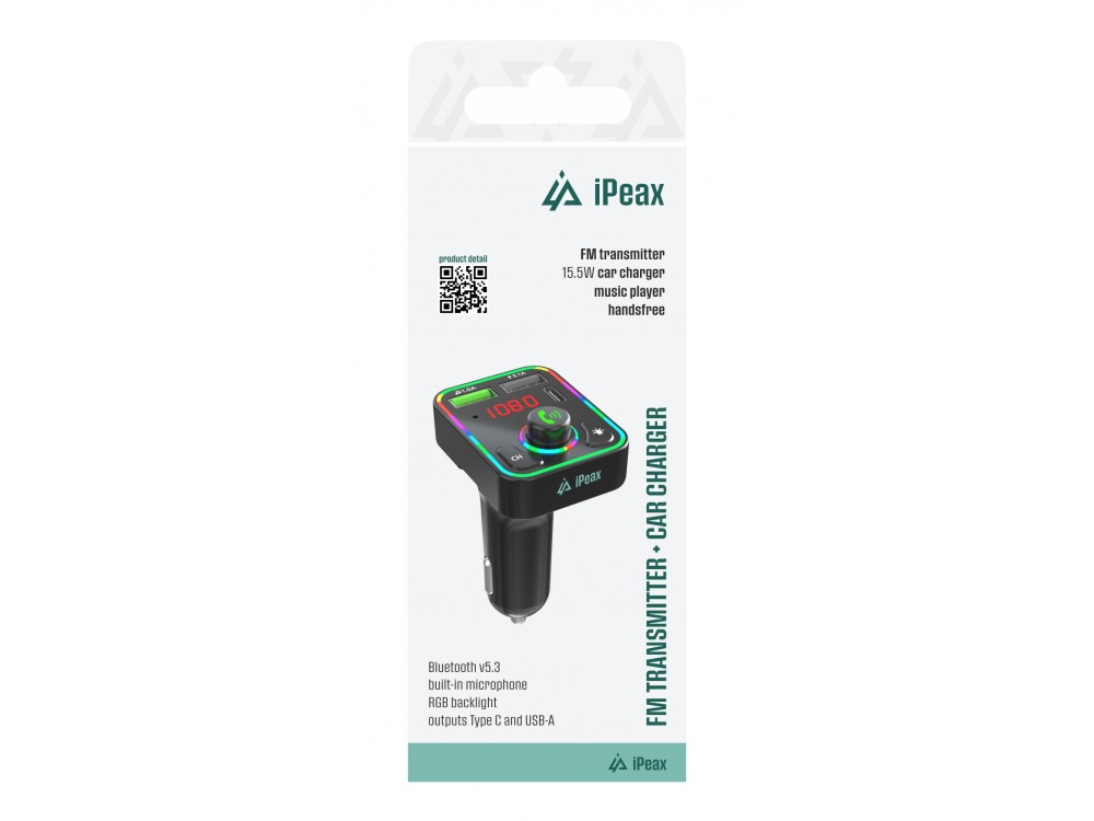 iPEAX FM Transmitter Bluetooth 5.3 Handsfree Αυτοκινήτου & Φορτιστής 15.5W με Οθόνη LED & RGB LED Φωτισμό & 2 USB