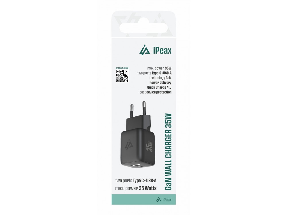 iPEAX GaN Φορτιστής πρίζας 2-θυρών 35W με Type-C με PD & QC 4.0 & PPS, Black