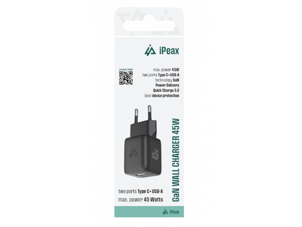 iPEAX GaN Φορτιστής πρίζας 2-θυρών 45W με Type-C με PD & QC3.0 & PPS, Black