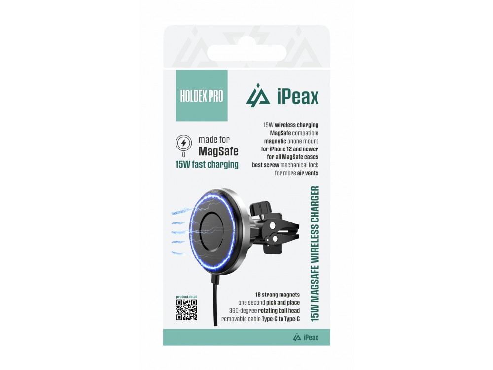 iPEAX Holdex Pro Magnetic Car Phone Mount, Ασύρματος Μαγνητικός Φορτιστής MagSafe 15W & Βάση Αεραγωγού για iPhone