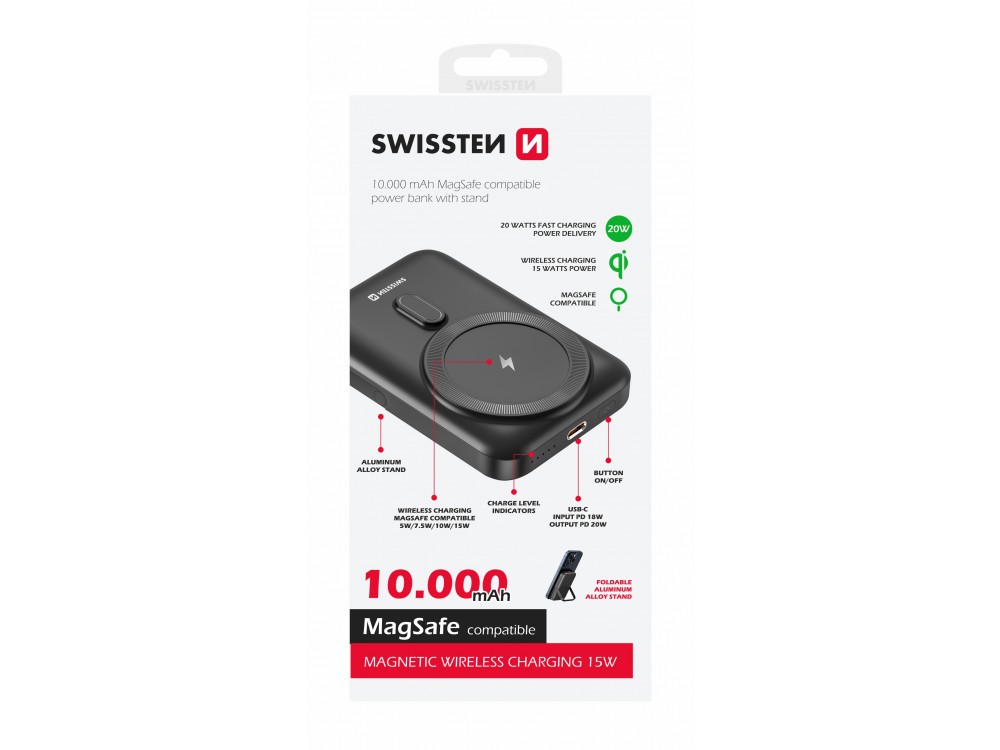 Swissten 10K Μαγνητικό Power Bank 10.000mAh Qi2 Certified 15W MagSafe iPhone, Black