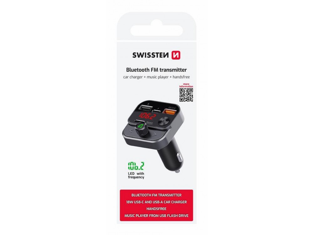 Swissten FM Transmitter Bluetooth Handsfree Αυτοκινήτου με Θύρες USB-C & USB-A Γρήγορης Φόρτισης 30W