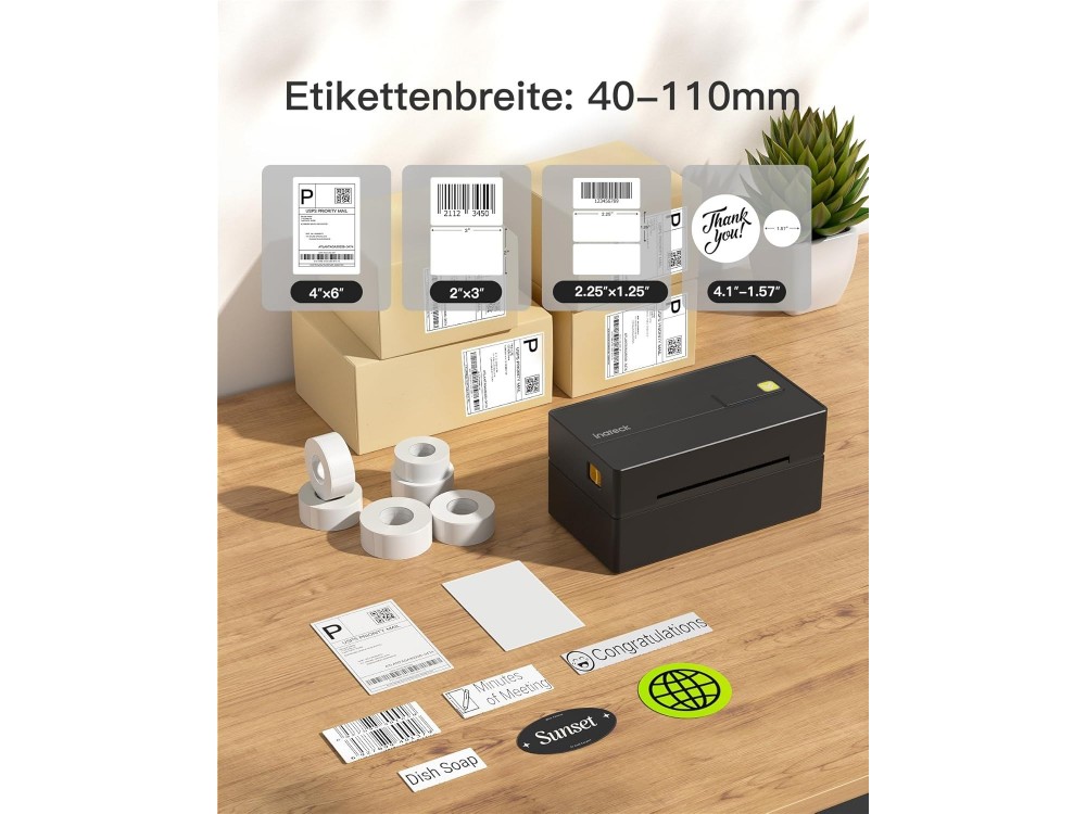 Inateck PR40 Bluetooth Thermal Label Printer, Θερμικός Εκτυπωτής Ετικετών 40-110mm, Ενσύρματος & Ασύρματος 203dpi, Black