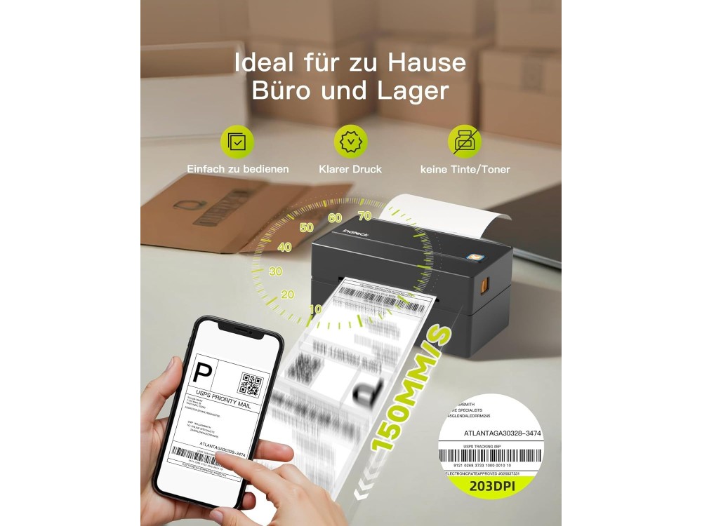 Inateck PR40 Bluetooth Thermal Label Printer, Θερμικός Εκτυπωτής Ετικετών 40-110mm, Ενσύρματος & Ασύρματος 203dpi, Black