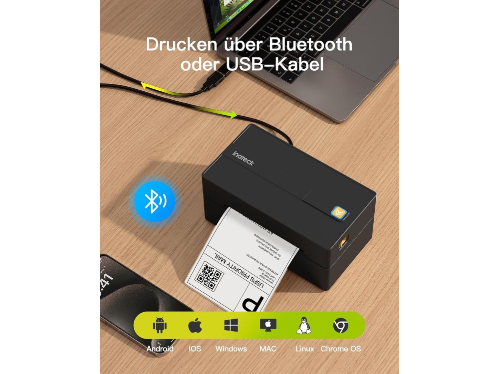 Inateck PR40 Bluetooth Thermal Label Printer, Θερμικός Εκτυπωτής Ετικετών 40-110mm, Ενσύρματος & Ασύρματος 203dpi, Black