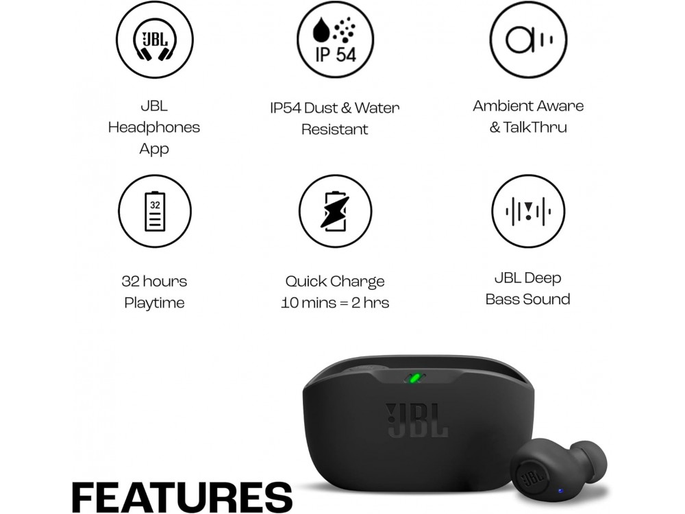 JBL Wave Buds True Wireless Bluetooth 5.2 Handsfree Ακουστικά In-Ear με Θήκη Φόρτισης, IP54, Black