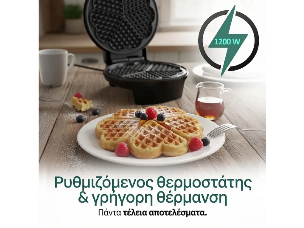 Emerio Waffle Maker, 1200 W Waffle Maker with Adjustable Temperature, For 5 Heart-Shaped Waffles, BPA-Free
