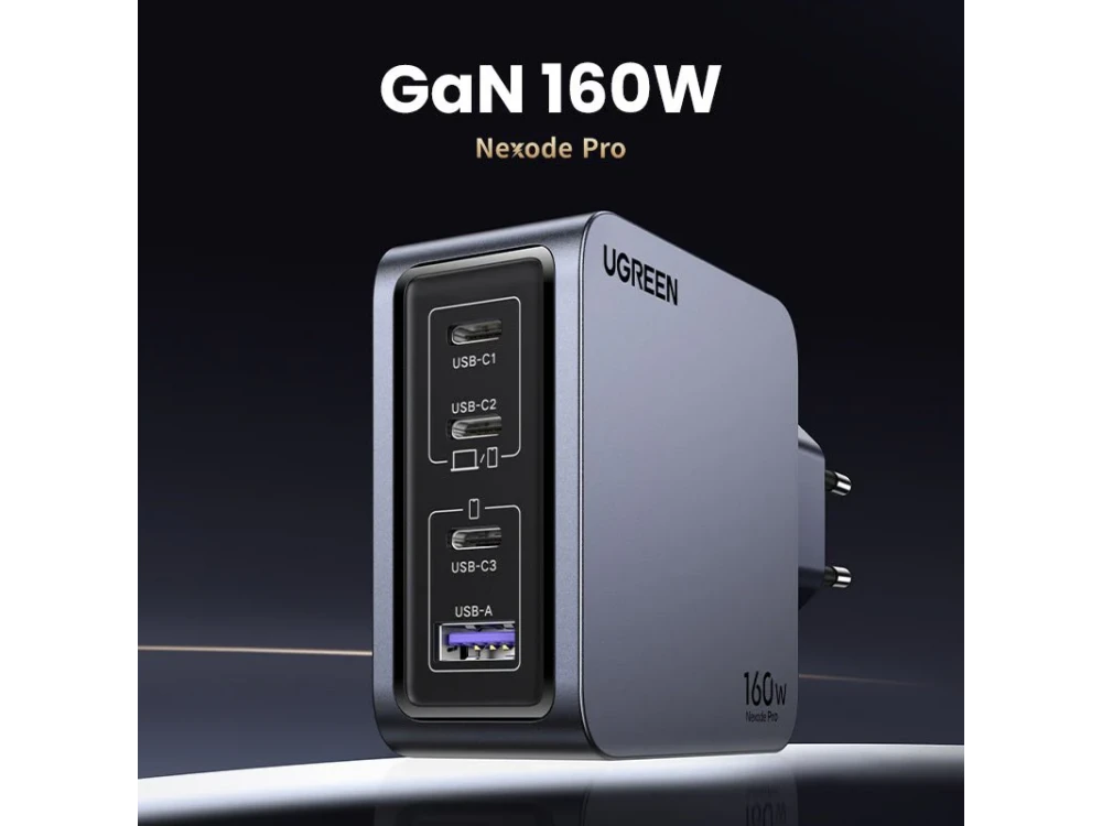 Ugreen Nexode Pro GaN Mini 160W Charger with USB-A & 3 USB-C Ports, PD / QC 4.0, Grey