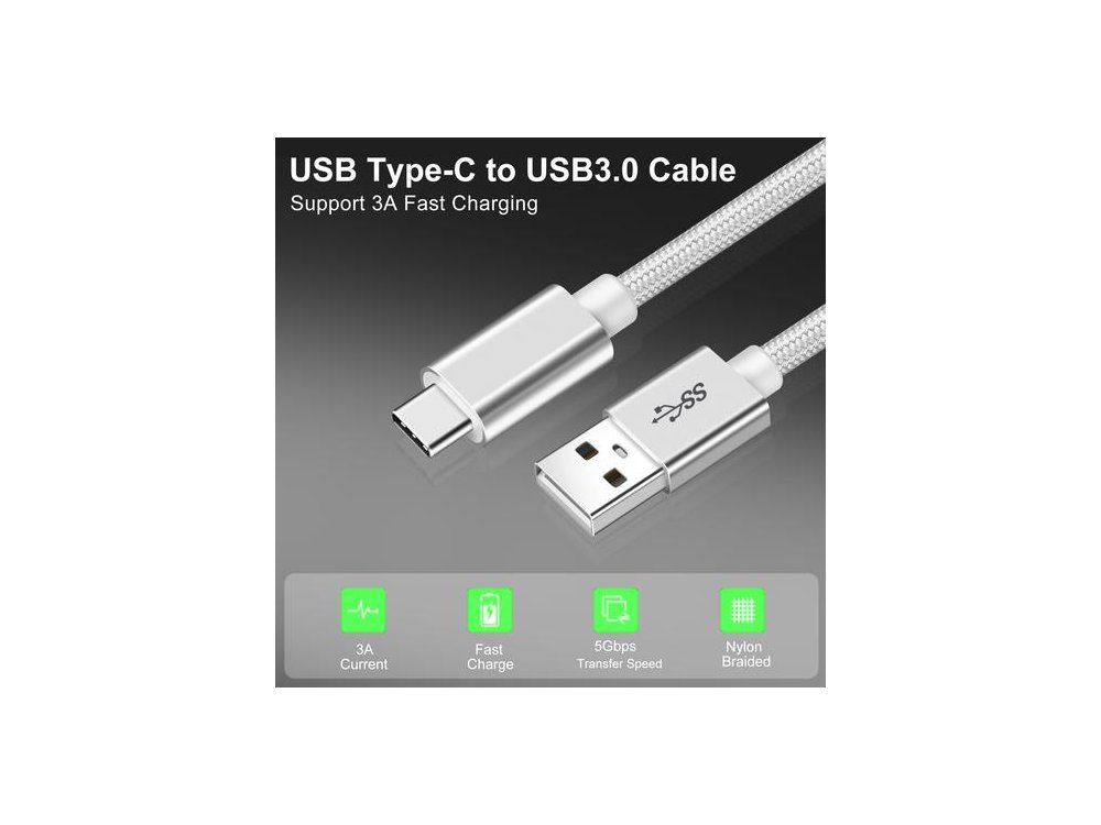 Nordic Καλώδιο USB-C σε USB 3.1 Gen1, 2,5μ. 5Gbps, με Νάυλον Ύφανση, Ασημί - USBC-N1095