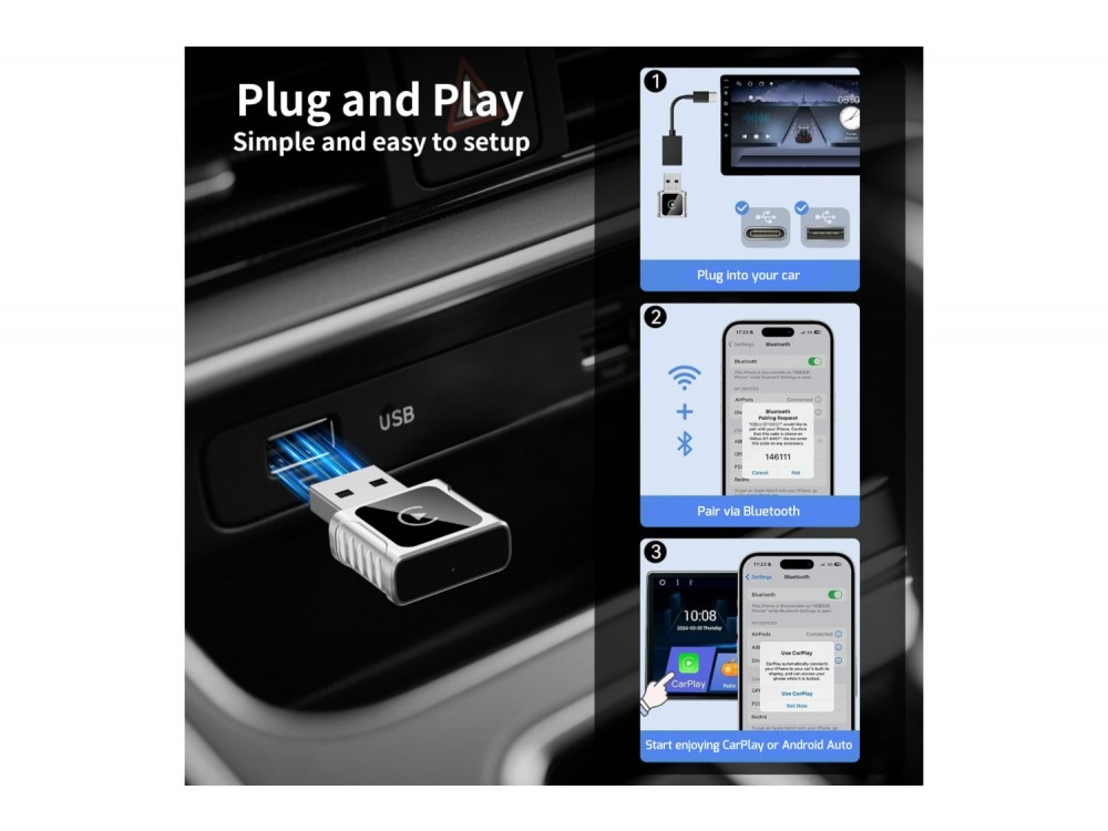 Swissten Ασύρματο Carlink Adapter, Συμβατό με Apple Carplay / Android Auto