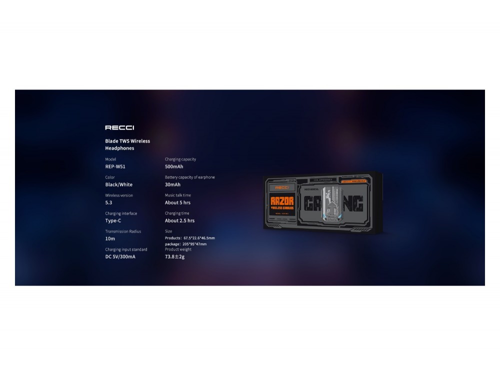 Recci Razor REP-W51, Αδιάβροχα Bluetooth 5.3 Ακουστικά IPX7 με Διάρκεια Μπαταρίας έως 30 Ώρες, White - ΑΝΟΙΓΜΕΝΗ ΣΥΣΚΕΥΑΣΙΑ